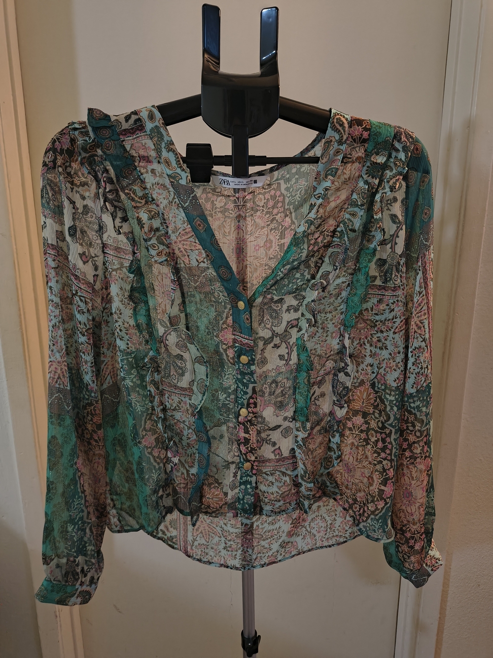 Zara Teal & Pink Paisley Sheer Button-Up Blouse